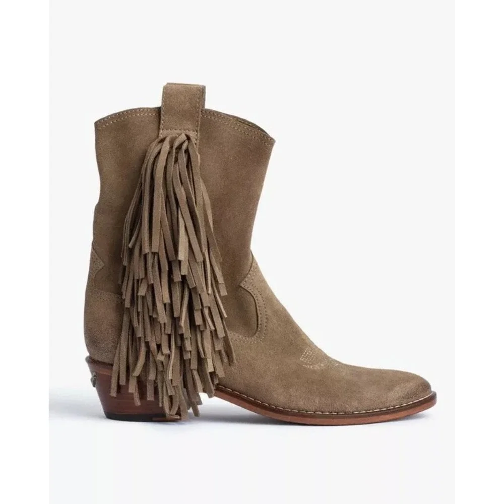 Zadig Voltaire Suede Fringe Western Boots Taupe Ankle Booties Size 39 - Picture 3 of 8
